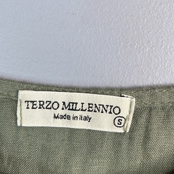 TERZO MILLENNIO Linen Shift  Dress Sage Green Tied Short Sleeves Coastal Loose S - Picture 7 of 11